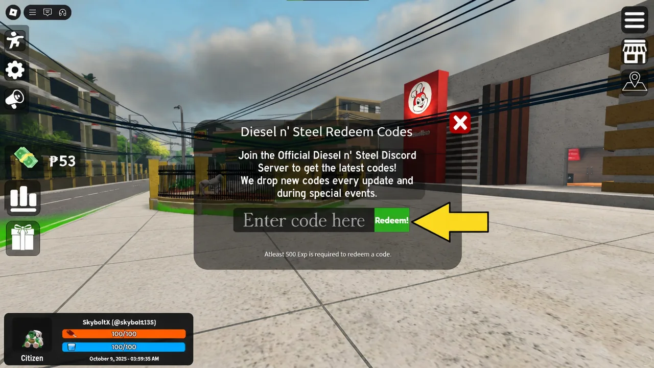 Text field for entering a Diesel n' Steel code in the redemption window