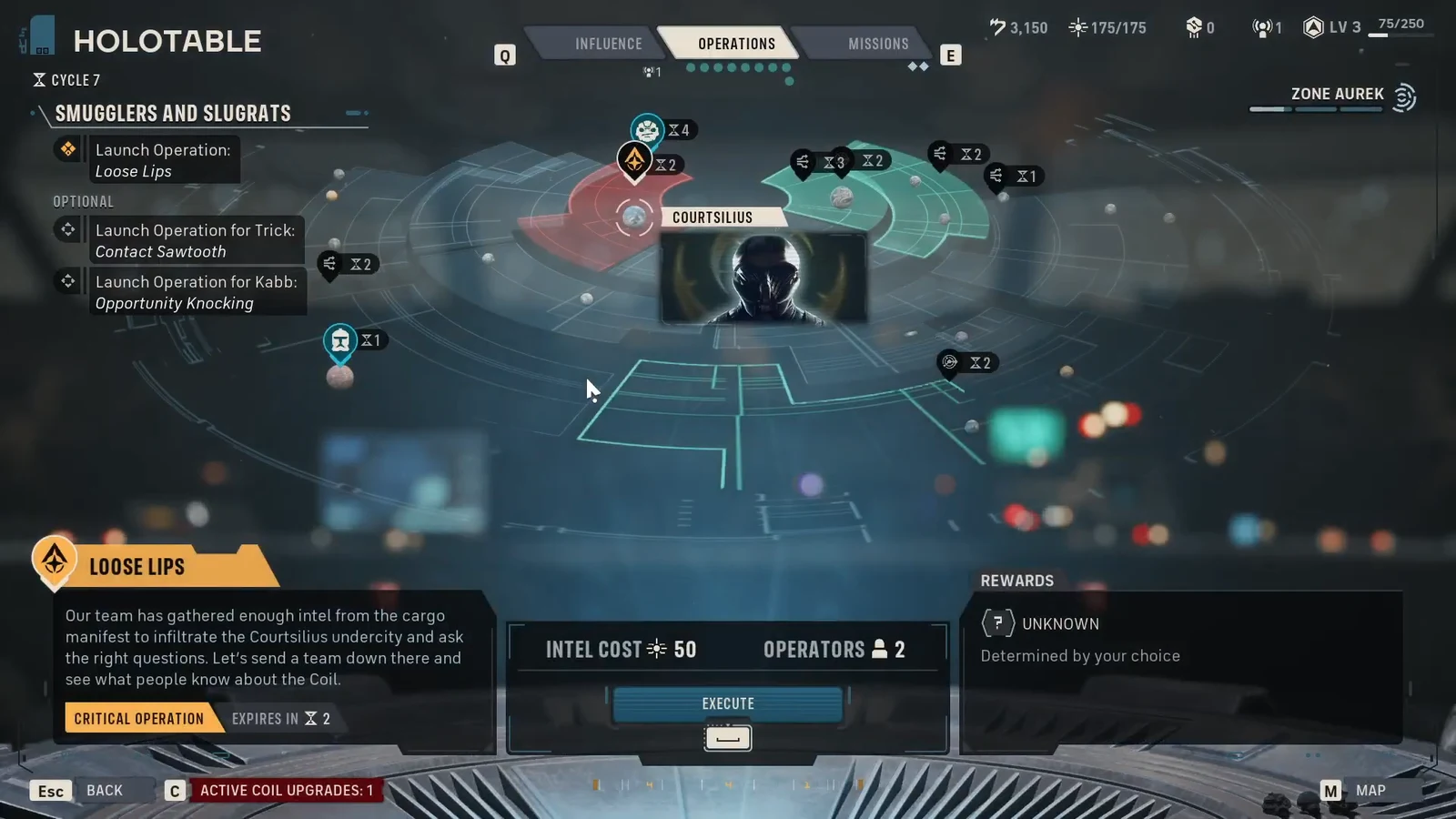 Operations menu open on the Holotable with a critical operation highlighted and the Execute option available