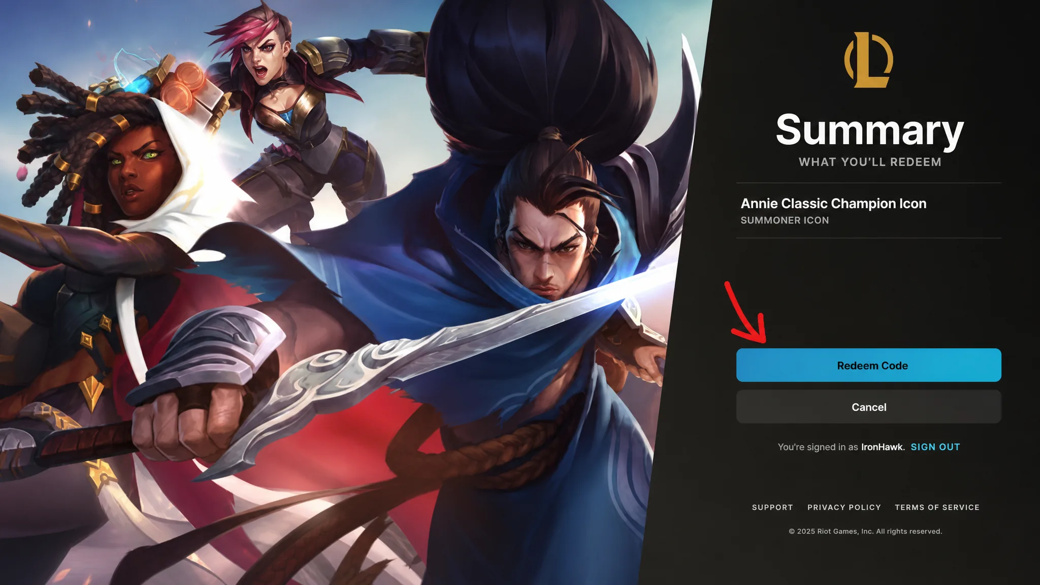 An image of Riot Games' League of Legends code redemption screen featuring Yasuo, Vi, and Senna