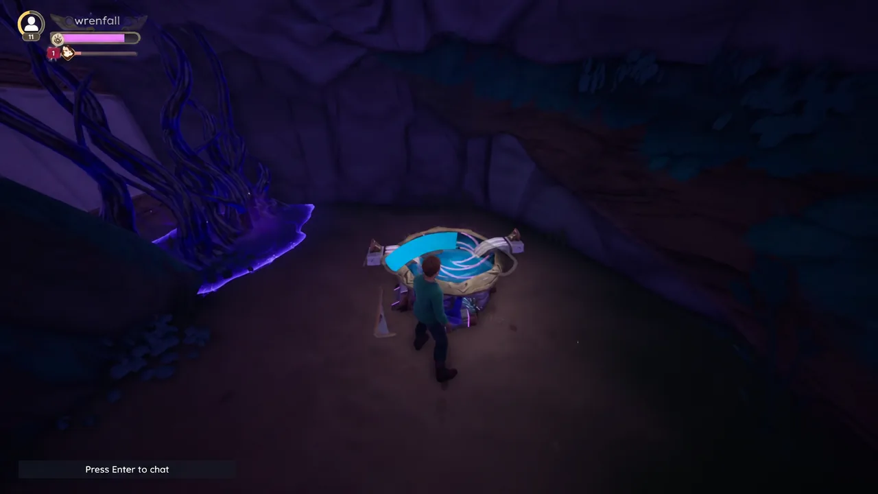 Approaching a glowing blue water basin deeper in the Hidden Cave maze