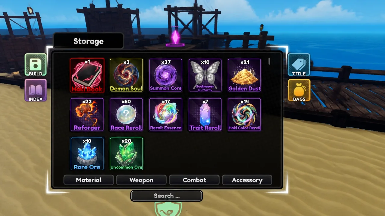 Storage menu open on the Material tab showing collected items