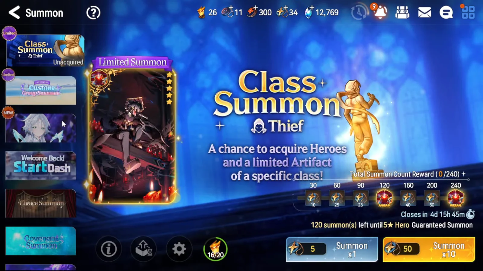 Epic Seven summon menu open with a banner selected and the Summon x1 and Summon x10 buttons visible