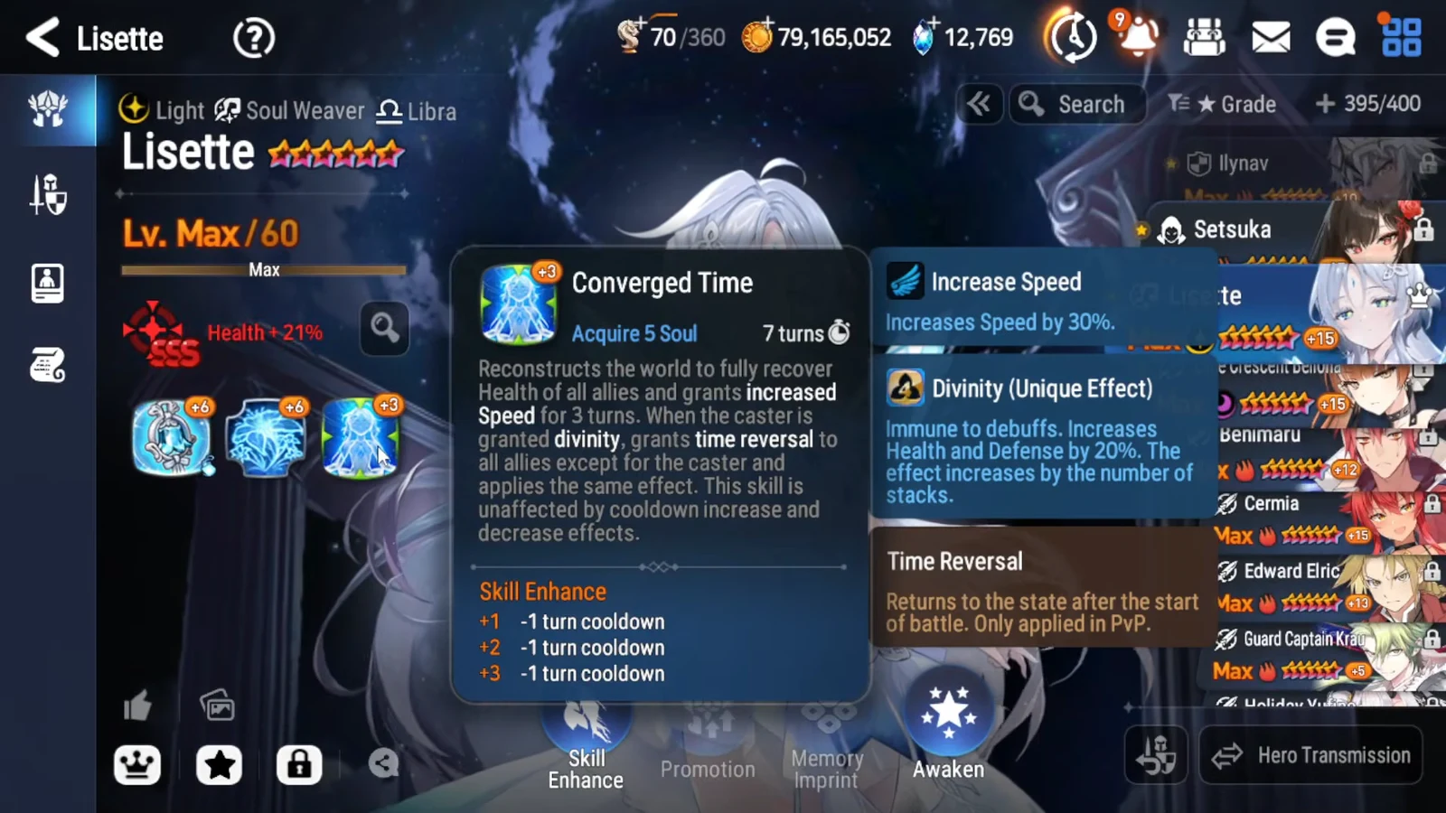 Converged Time skill tooltip on Lisette's Skill Enhance screen listing its effects and cooldown