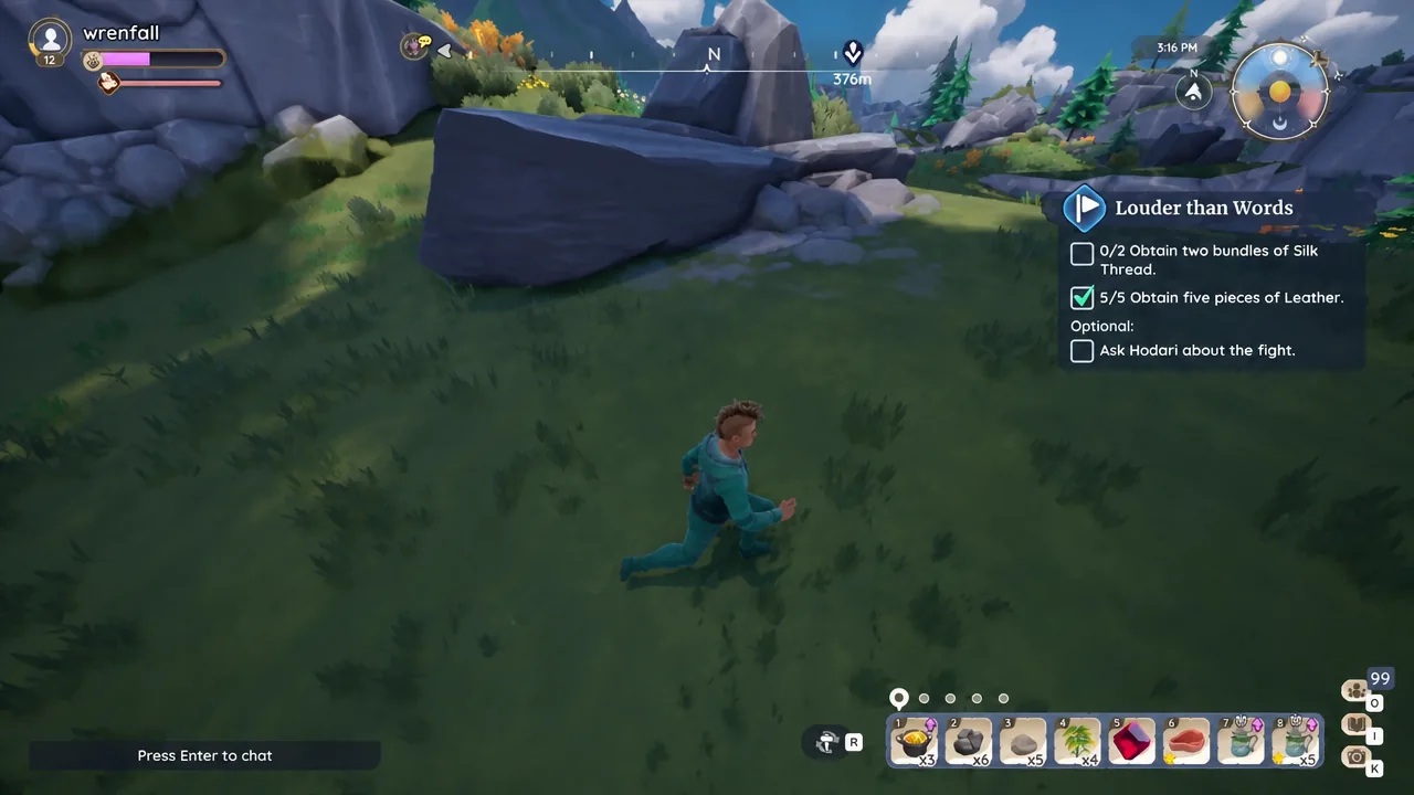 The Silk Thread objective on screen while the player mines and forages across Bahari Bay