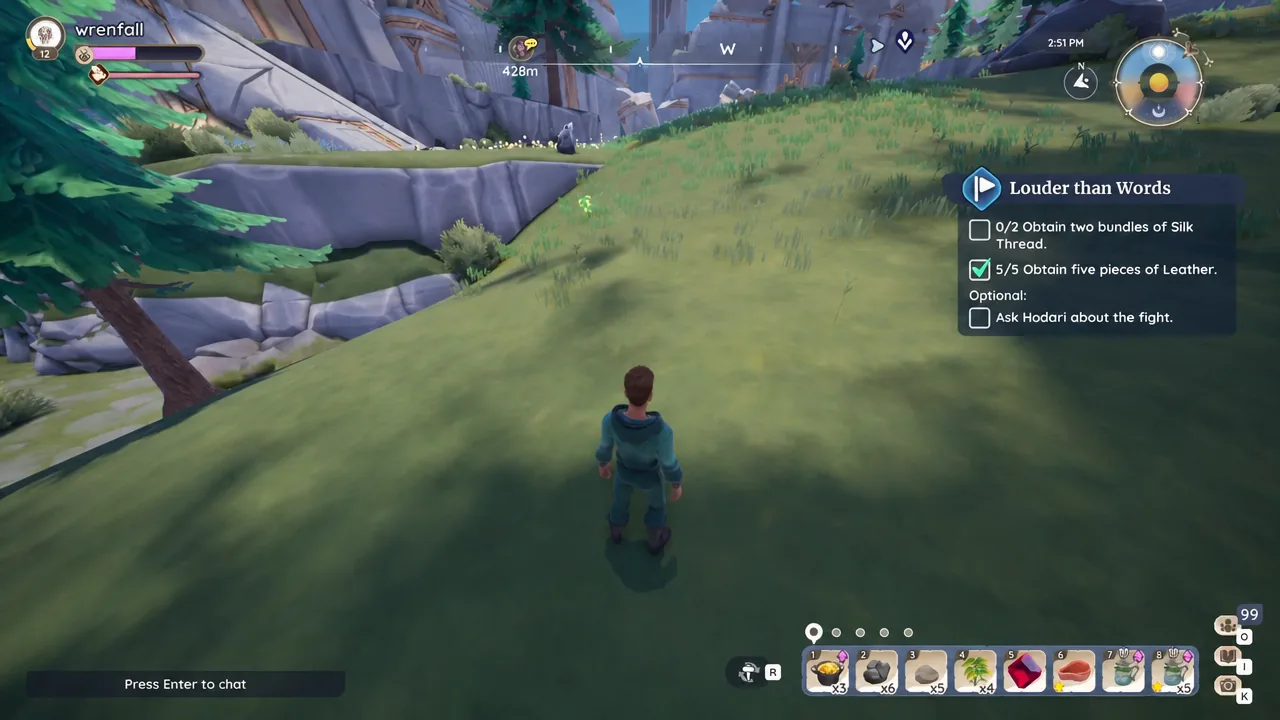 Palia quest tracker listing the Silk Thread and Leather objectives during outdoor exploration