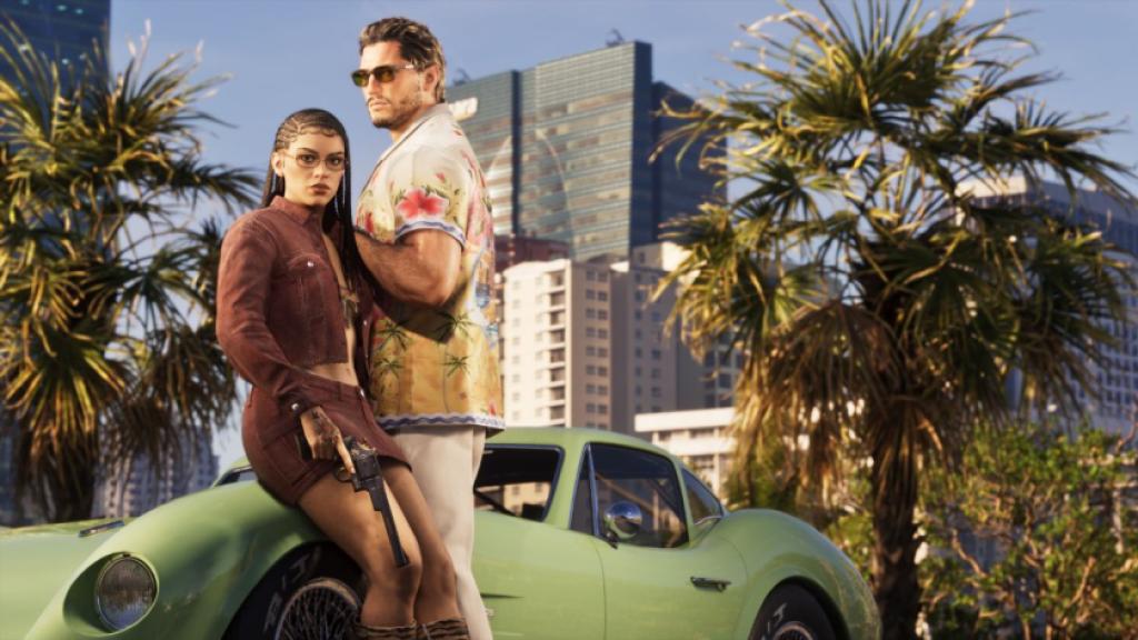 Jason and Lucia in snazzy clothing leaning on a classic car with a Vice City backdrop from GTA 6