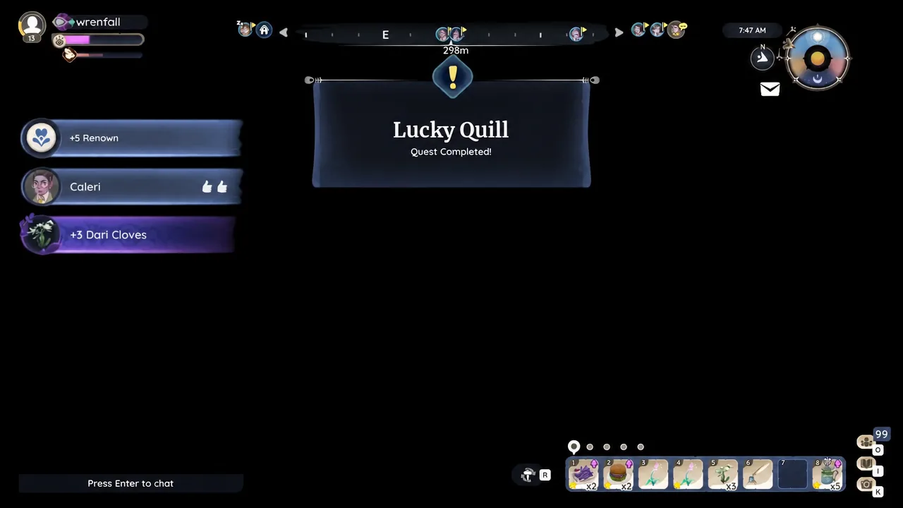 Quest Completed banner for Lucky Quill showing Renown and Dari Cloves rewards