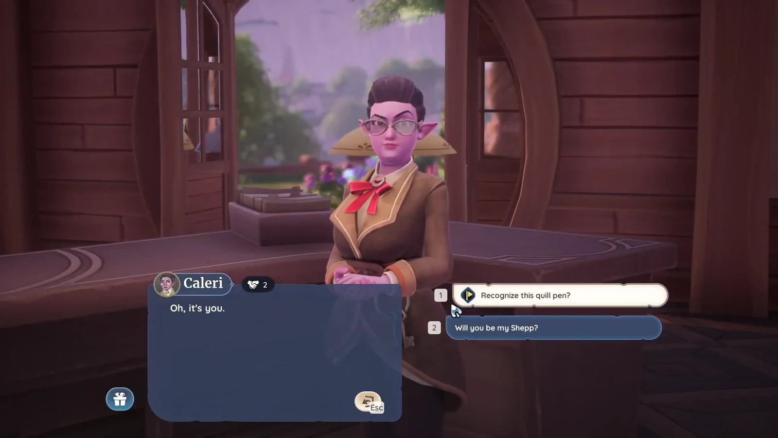 Caleri conversation menu with the Recognize this quill pen dialogue option selected