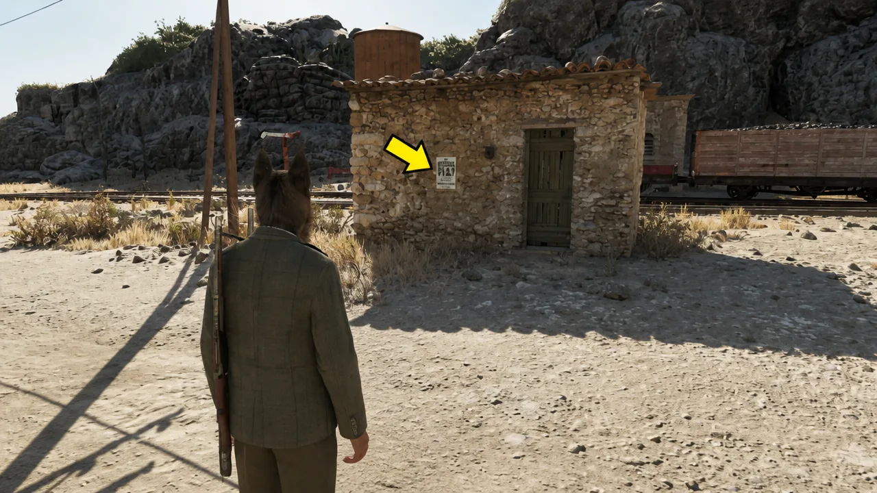 A yellow prompt arrow points at a small Wanted Poster pinned to a stone wall in Valle Dorata