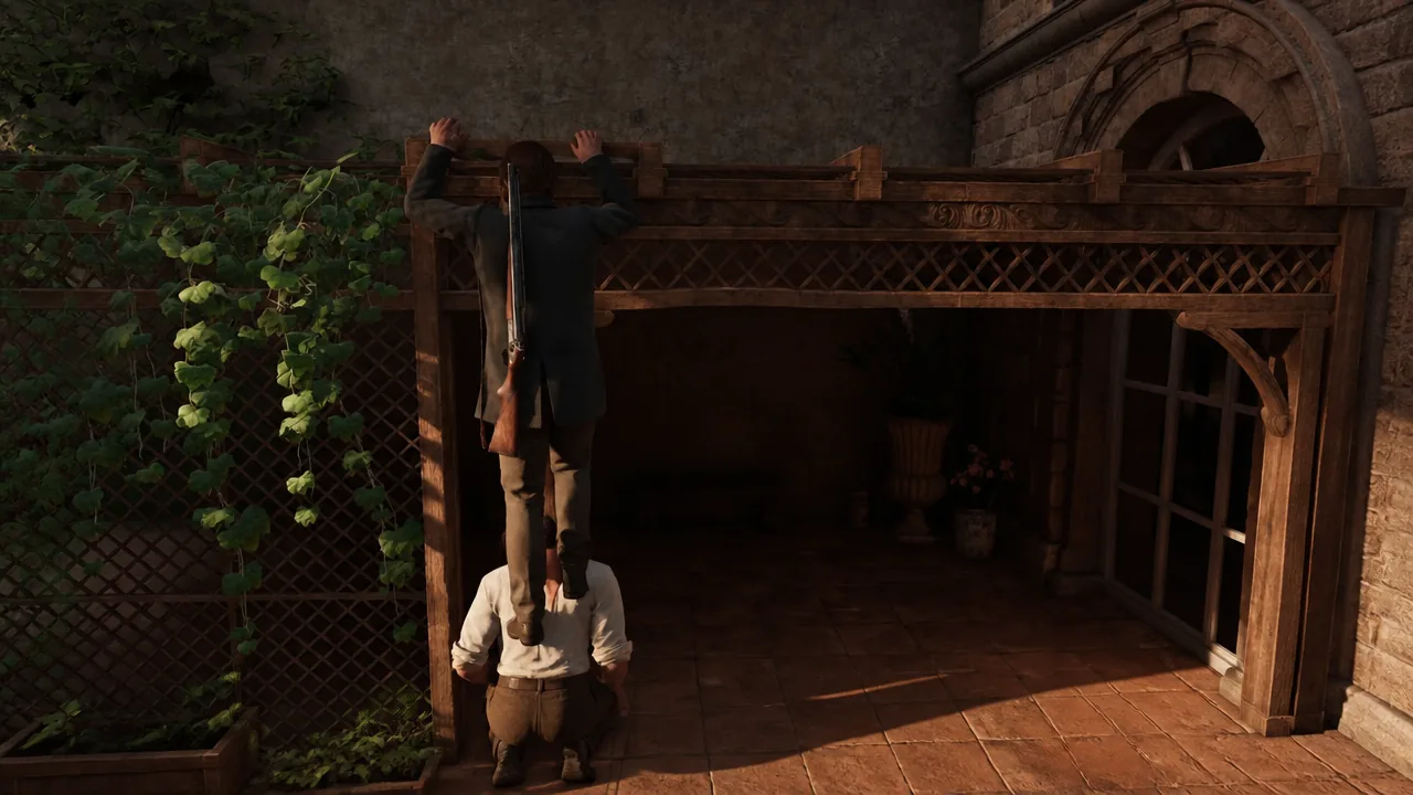 A character climbing onto a wooden balcony railing with help from his partner