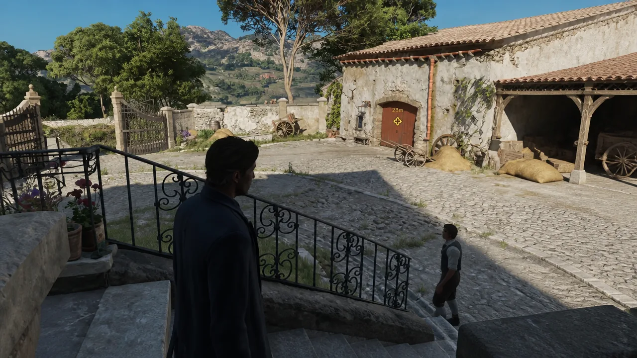Yellow objective marker on a marked wooden door during Fratellanza