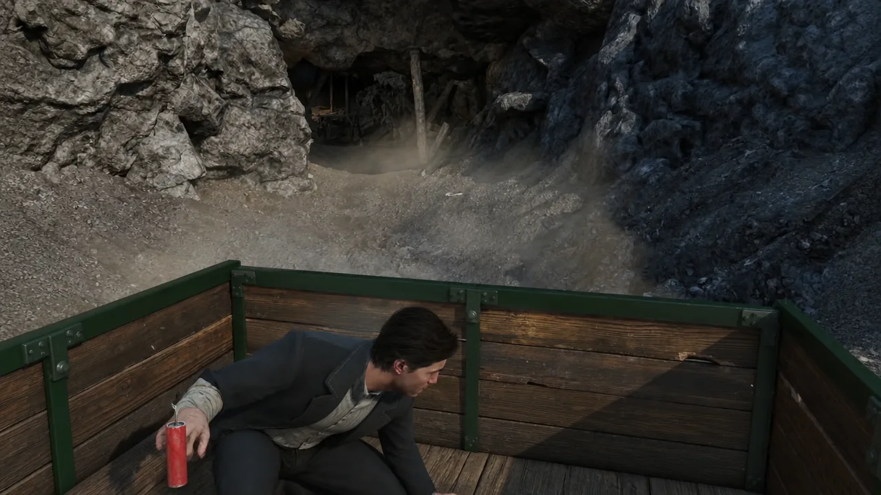 A man crouched in a mine cart holding a red explosive inside the tunnel