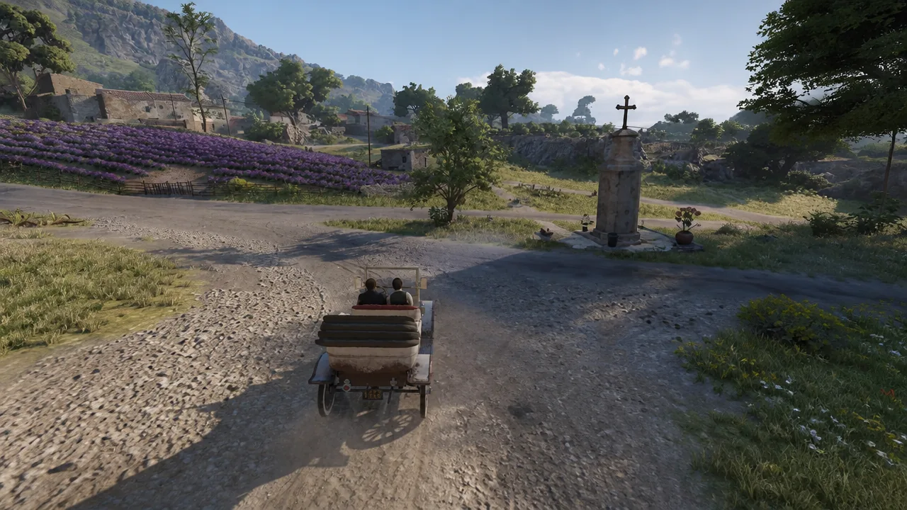 A horse-drawn carriage traveling along a rural road past a roadside shrine