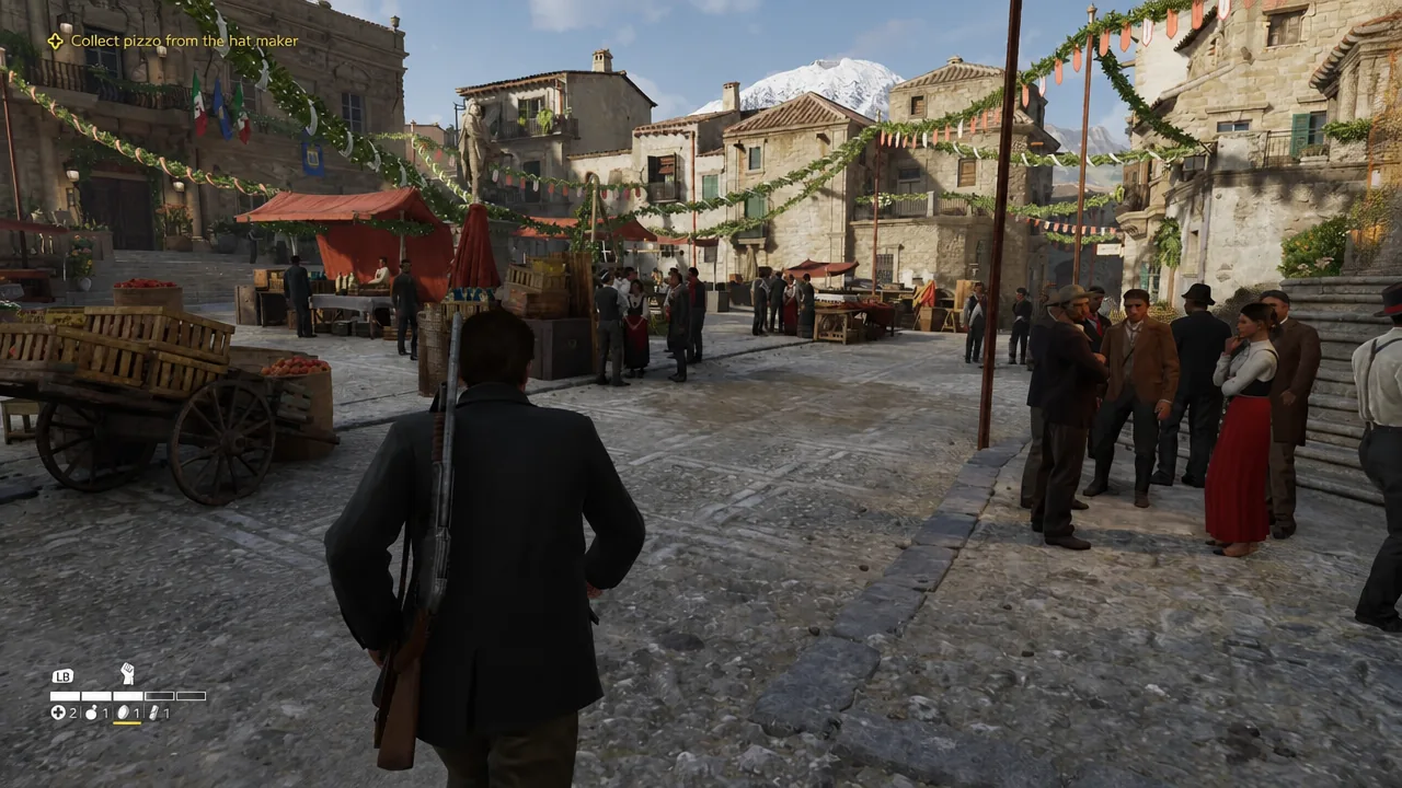 Objective to collect pizzo from the hat maker shown in the village market square