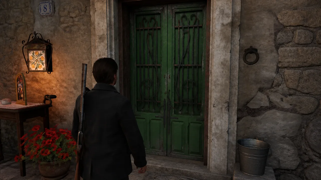 Character approaching a closed green double door