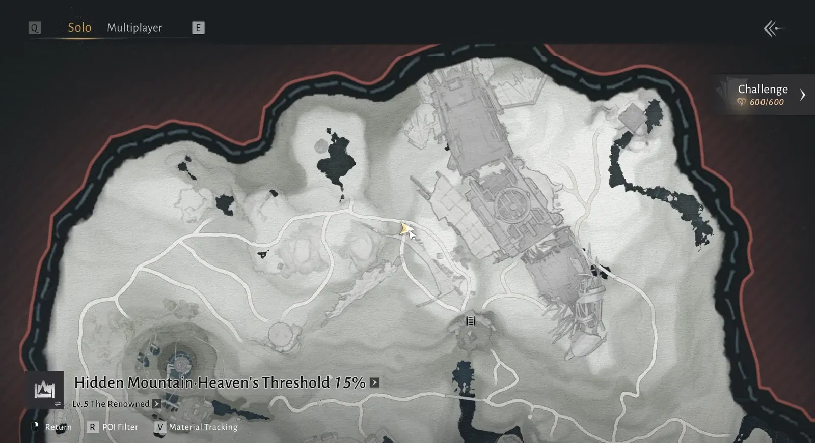 Solo world map with the Hidden Mountain-Heaven's Threshold zone highlighted at 15% completion