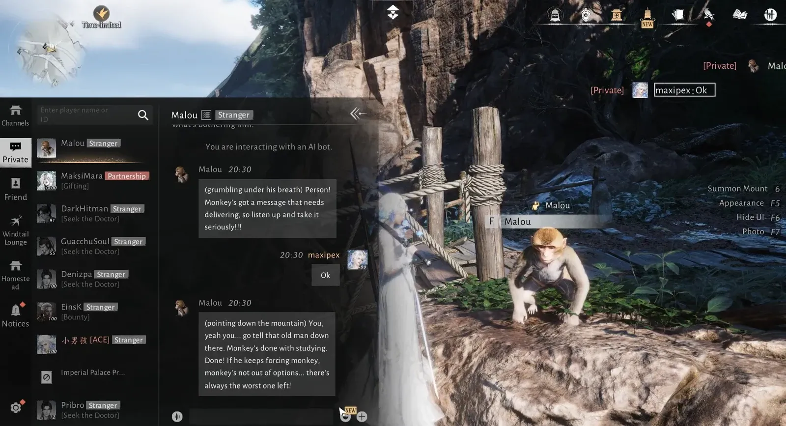 Private chat channel open to Malou with the F Malou interaction prompt on screen