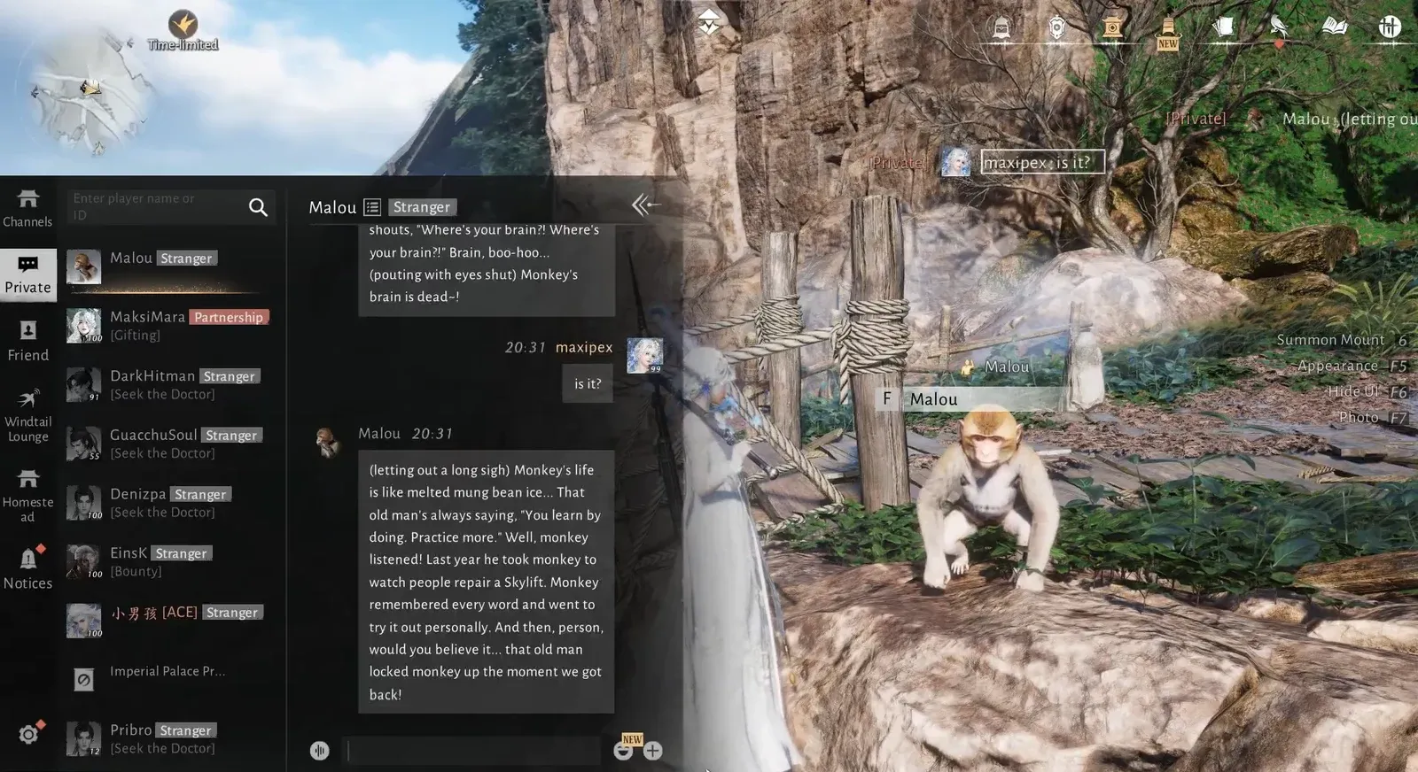Chat panel with Malou selected while standing next to the AI monkey mid-conversation