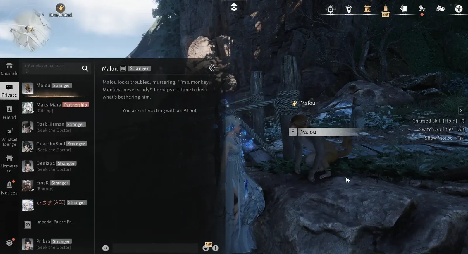 Approaching Malou on the cliff with the private chat panel opening after pressing F
