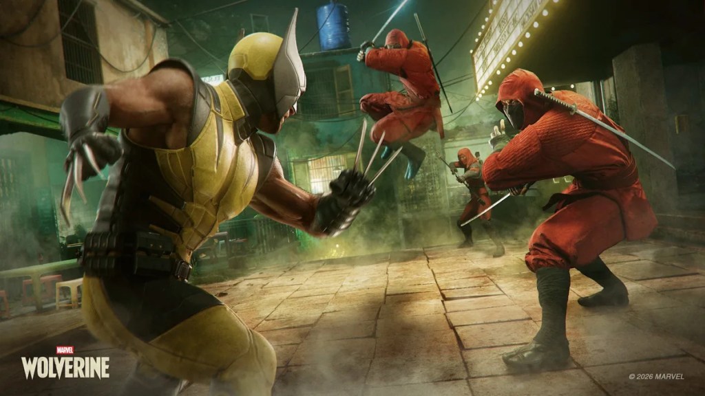 Marvel's Wolverine screenshot featuring Logan fighting The Hand in Madripoor (low-town)