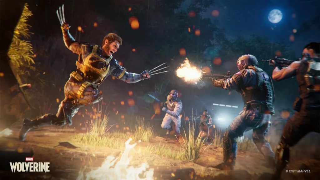Marvel's Wolverine screenshot featuring Logan lunging at Bolivar Trask's task force