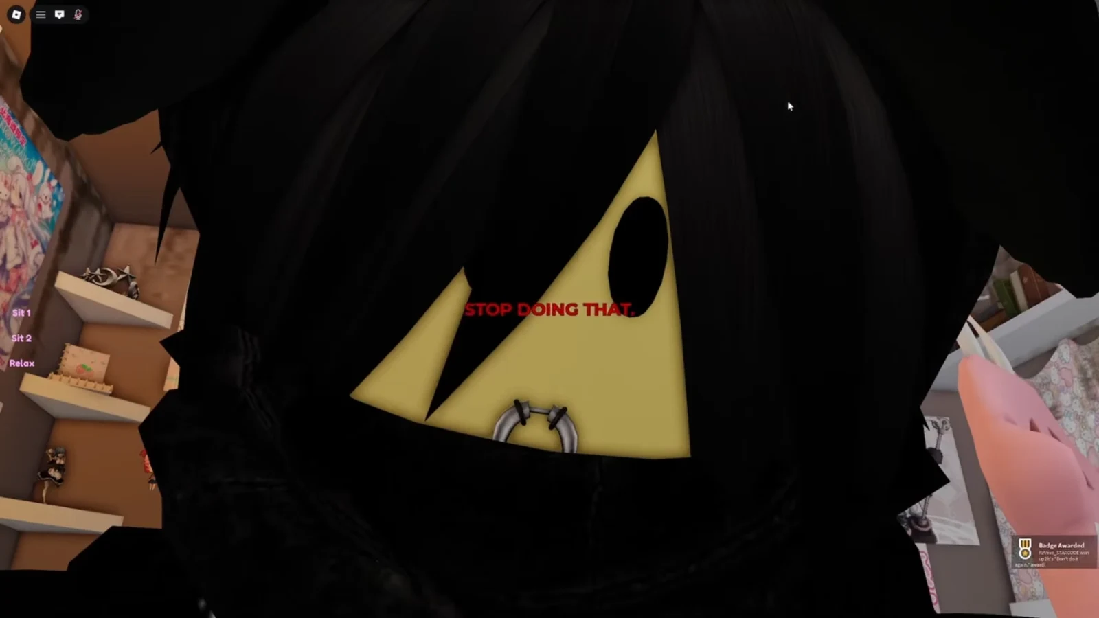 Close-up avatar face with a red STOP DOING THAT warning and a badge notification