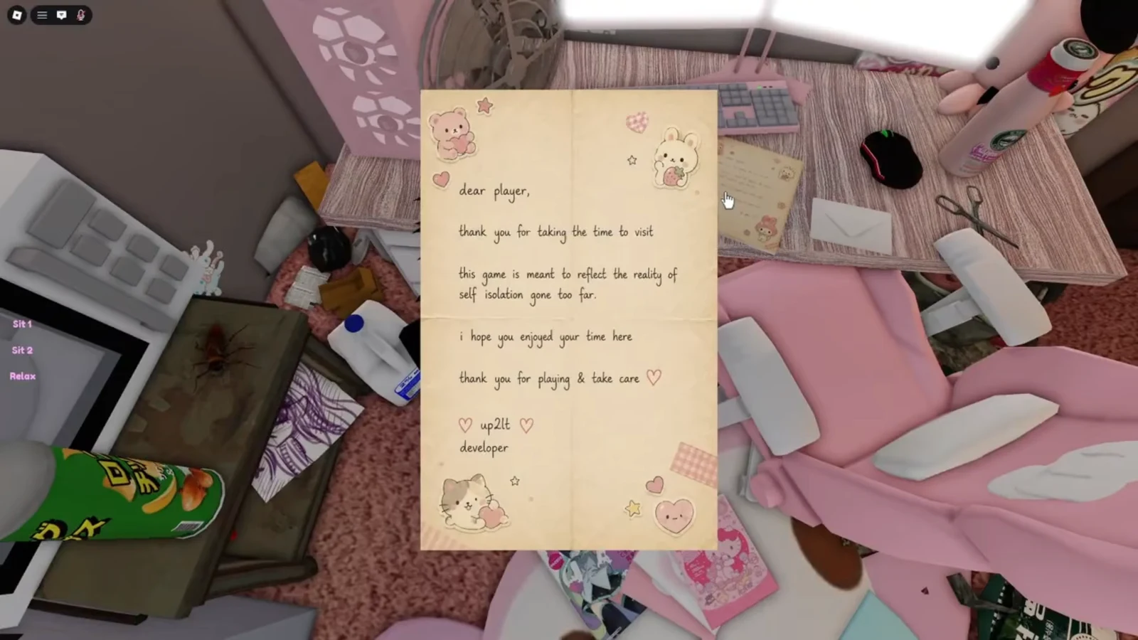Open letter from the developer thanking the player and reflecting on self-isolation