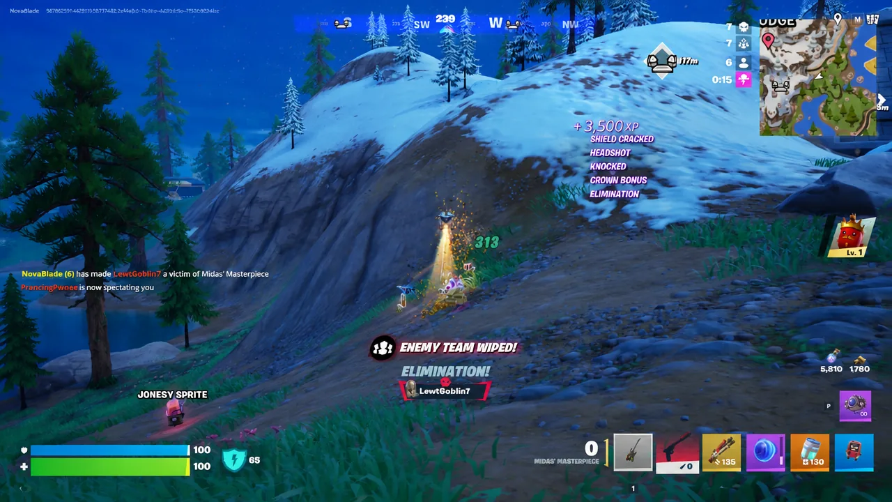 Fortnite kill feed showing the ENEMY TEAM WIPED notification after an elimination