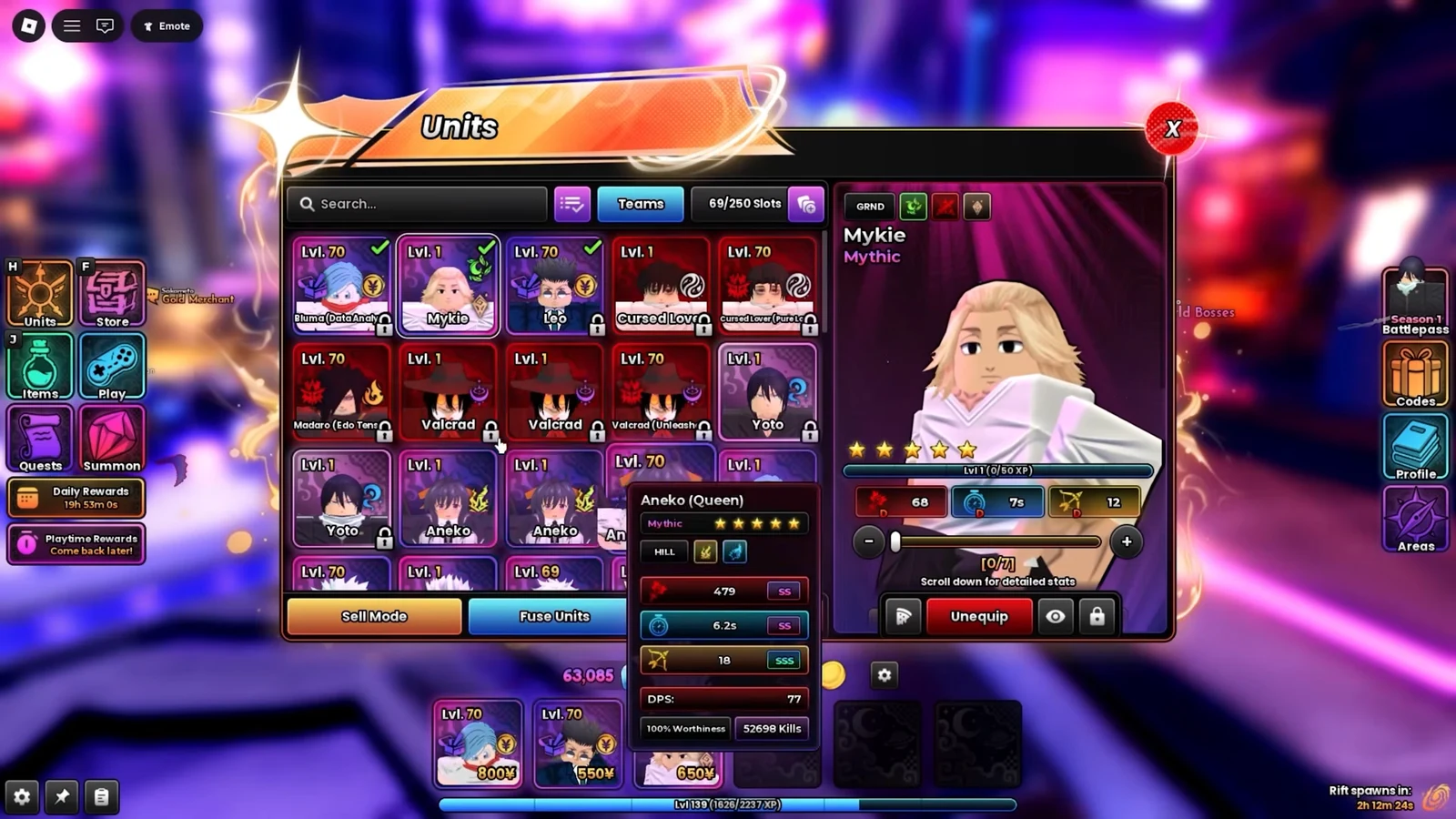 Units menu showing Mykie's character details and stats in the roster