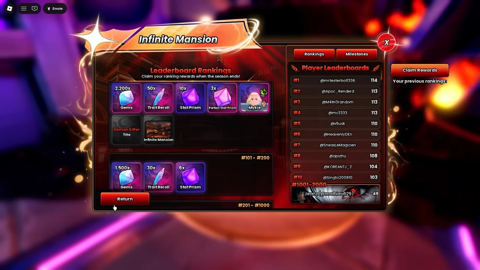 Infinite Mansion leaderboard rankings screen with the cursor over the Return button