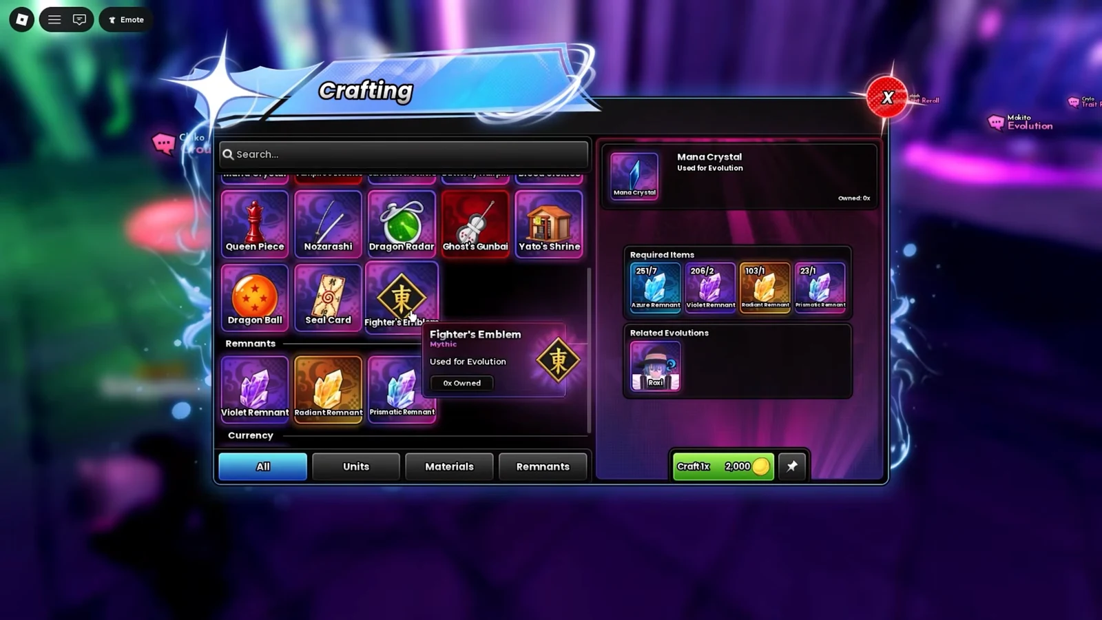 Crafting menu with Fighter's Emblem selected, showing required remnants and the Craft button