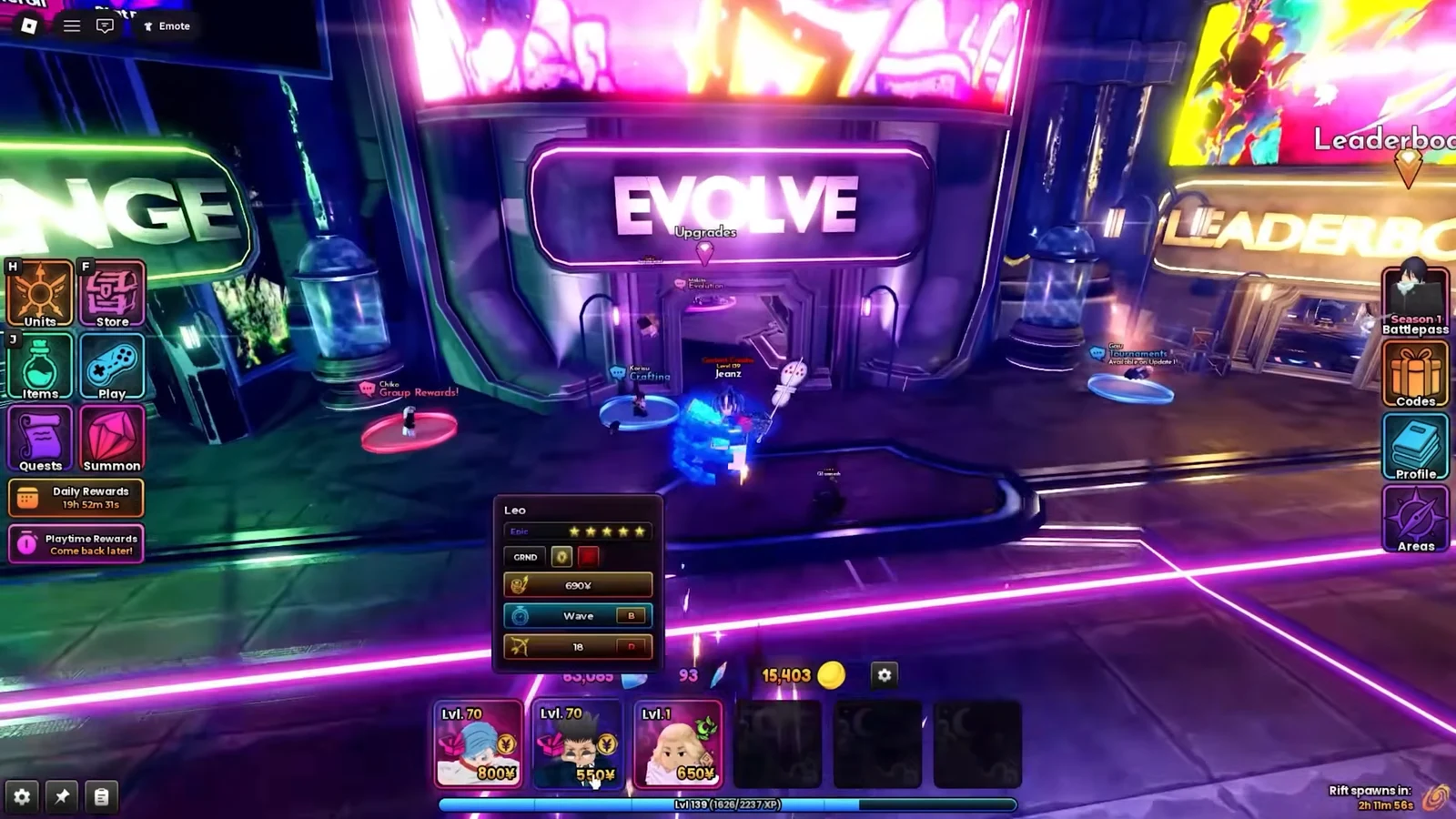 Player approaching the central Evolve Upgrades station with unit cards and stats on display