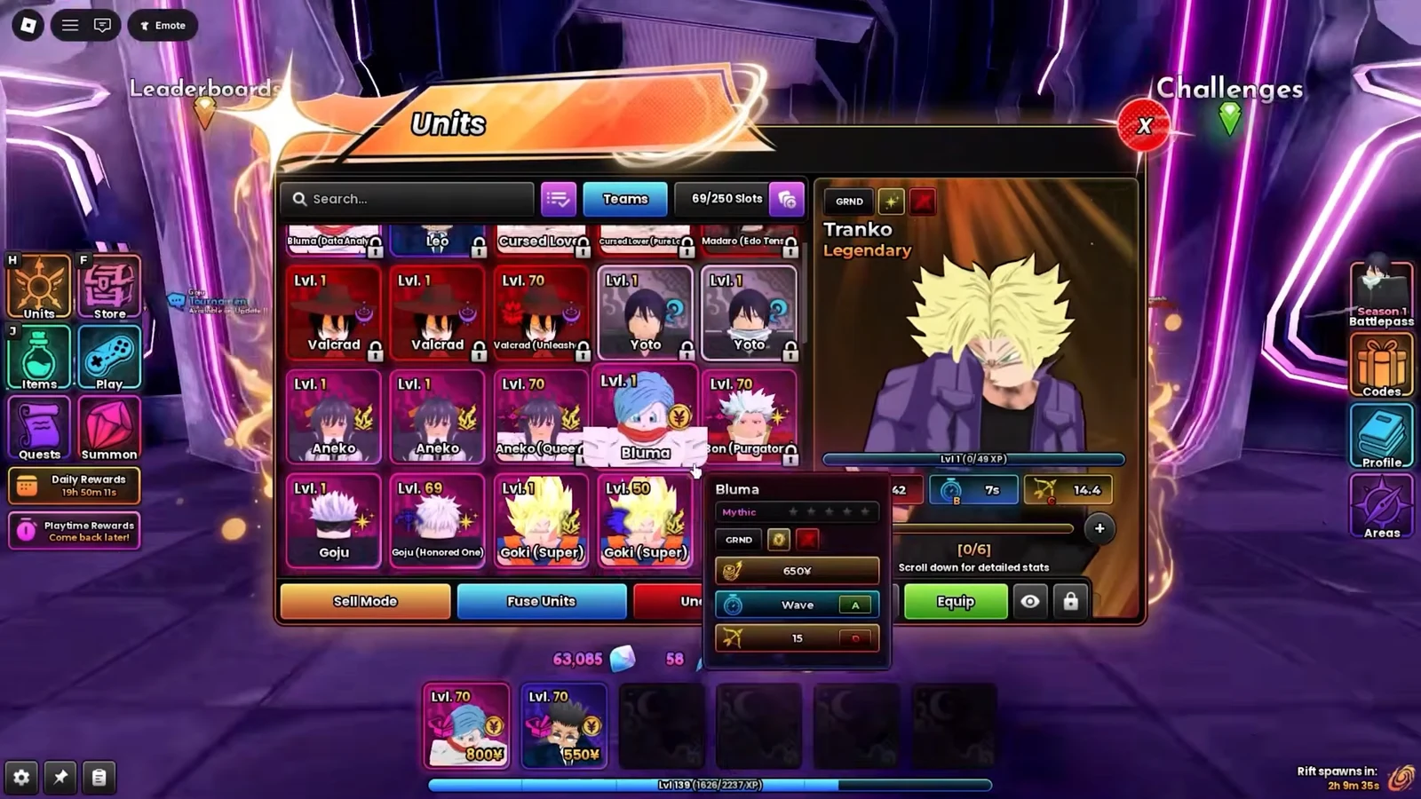 Units menu with a support unit selected and the green Equip button for adding it to the team
