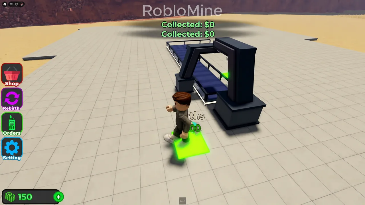 Player avatar standing on the green collection pad beside the conveyor while cash is collected