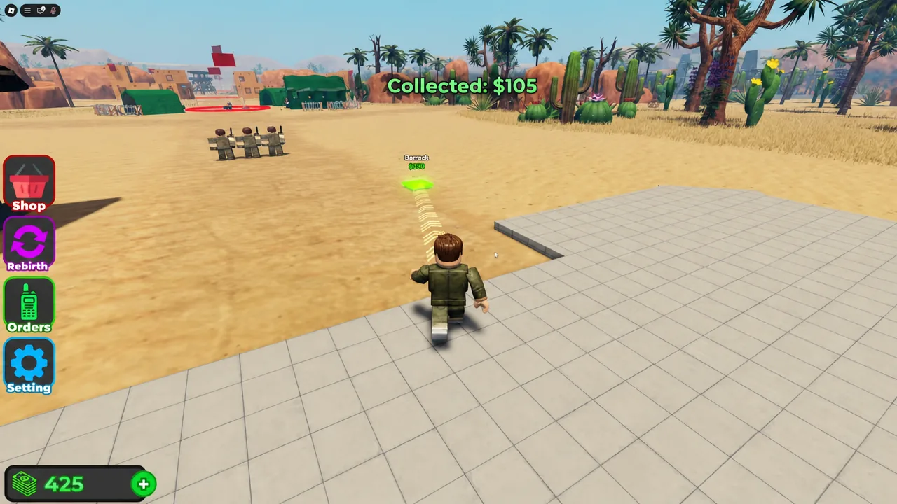 Player following the highlighted path toward the Barrack purchase point priced at $950