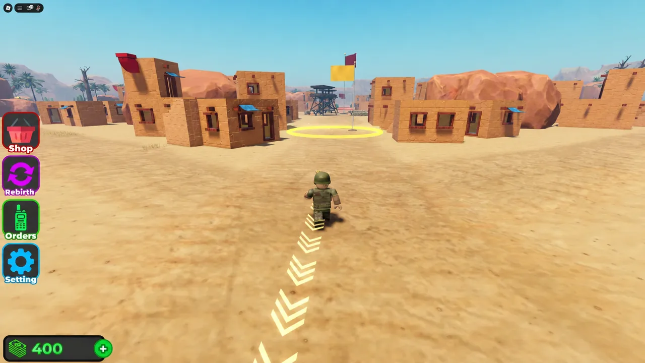 Avatar following the yellow route to a marked objective with Shop, Rebirth, Orders and Setting buttons on screen