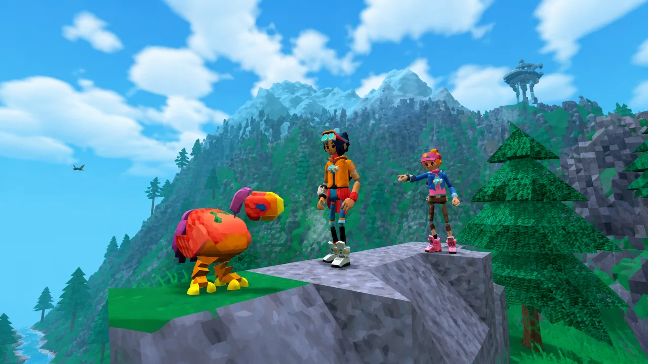 An image of two voxel-style avatars standing on a mountain ridge in a forest looking at a cute, colorful animal