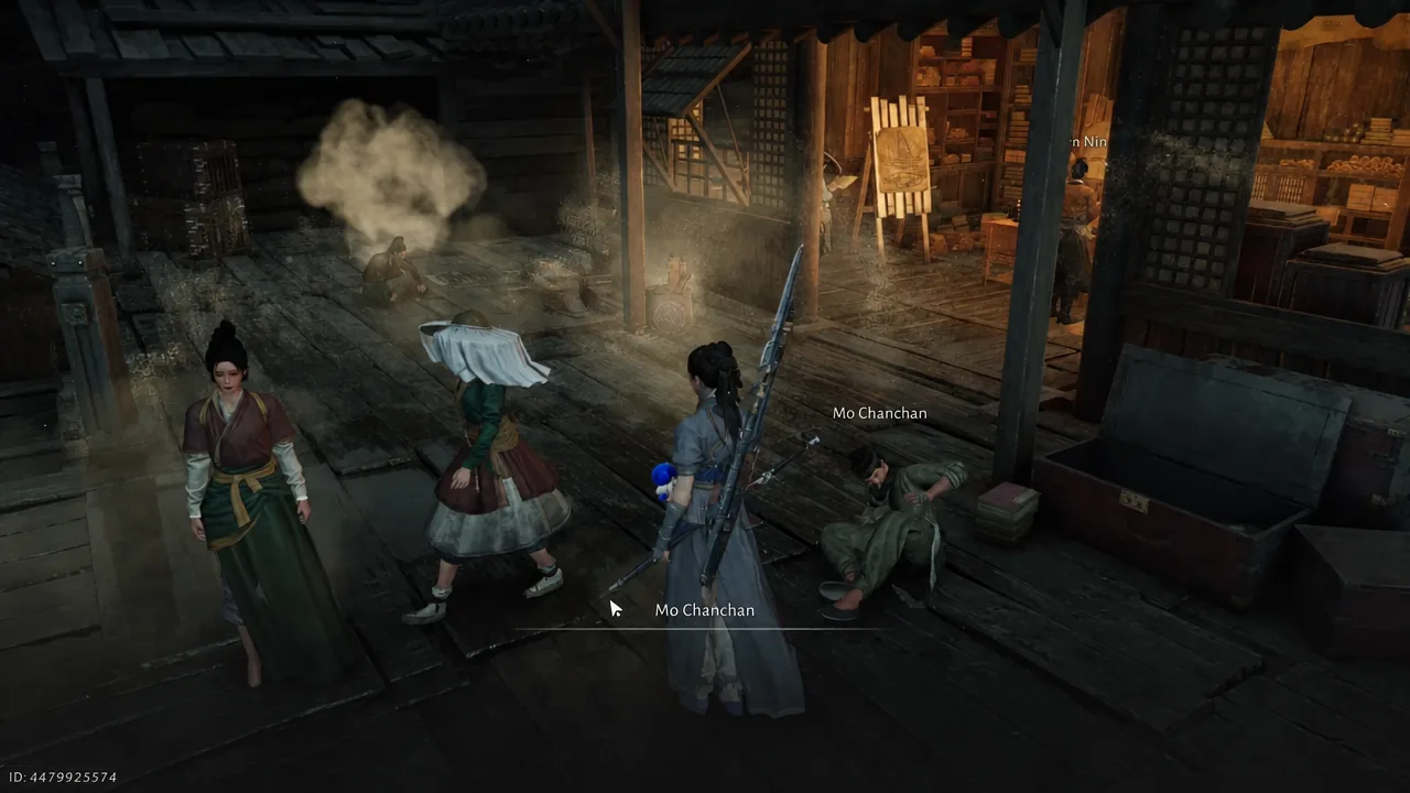 Player approaching Mo Chanchan inside the wooden market workshop before searching the crates