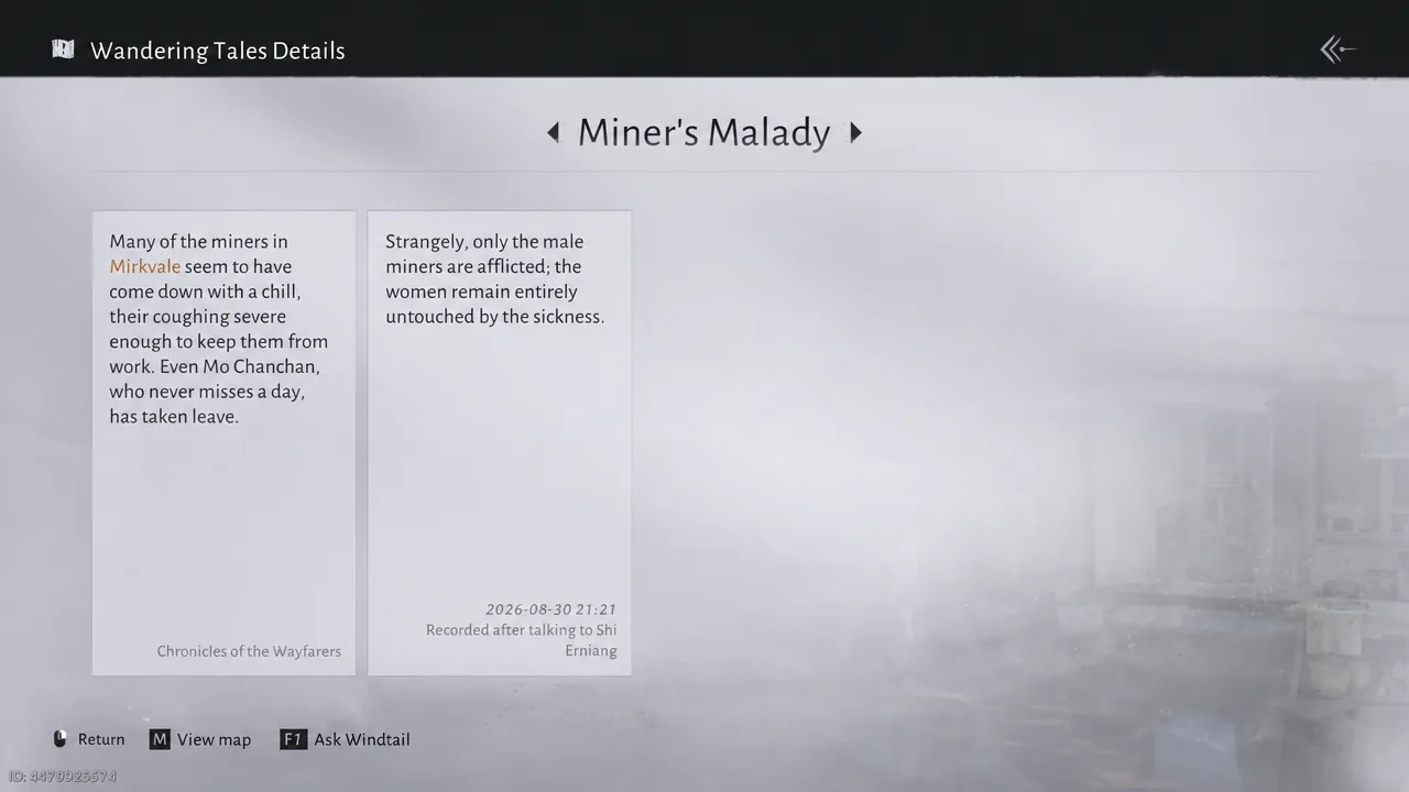 Wandering Tales Details panel open on the Miner's Malady entry with its recorded clues