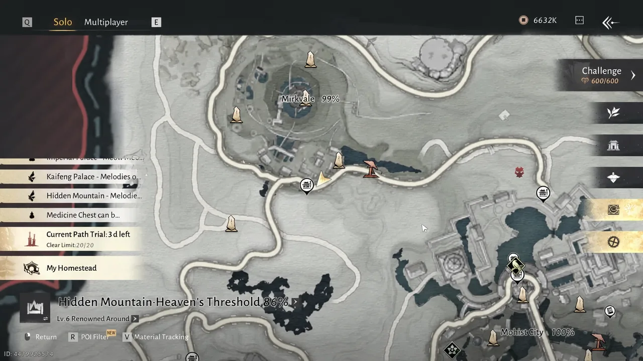 Hidden Mountain map open on Heaven's Threshold with the next quest marker