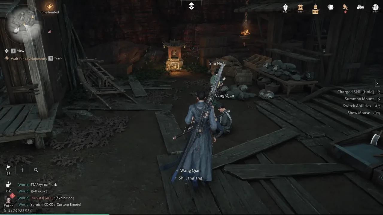 Player character walking up to the ailing miner Wang Qian in the village