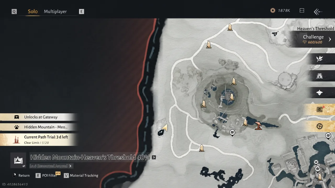 Heaven's Threshold map open with the current path trial timer shown at the top