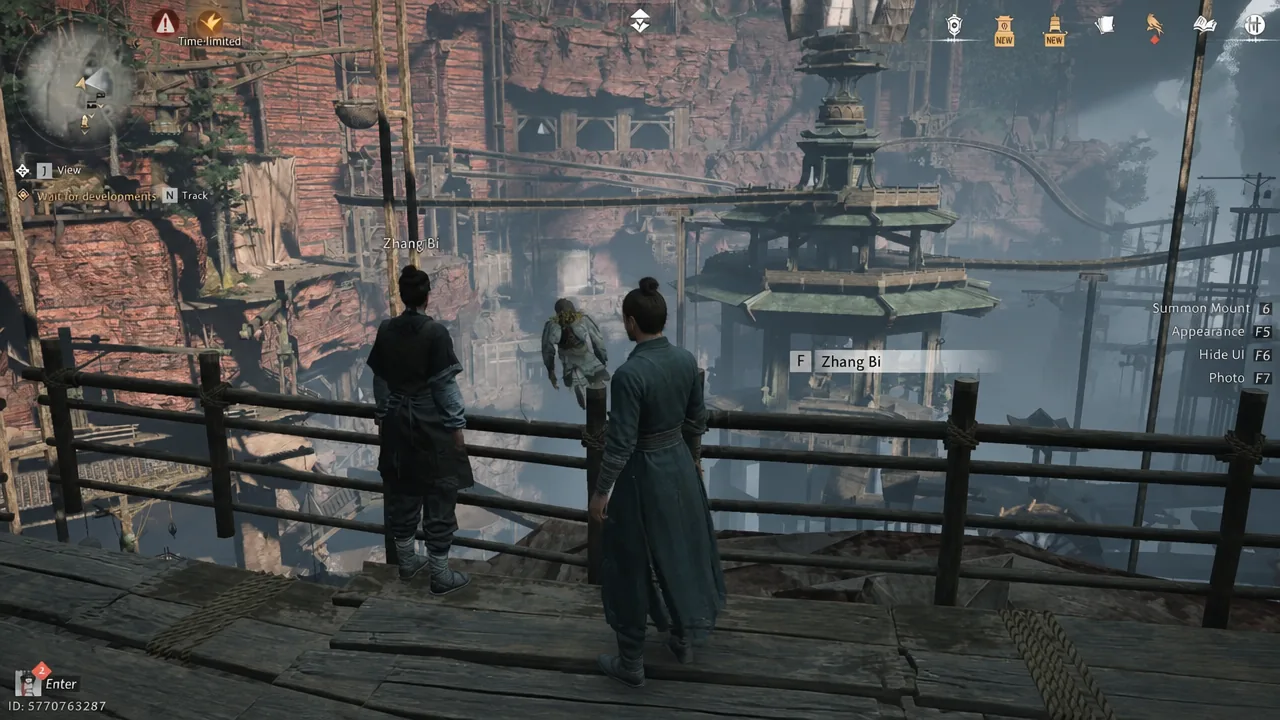 Interaction prompt to press F to speak with Zhang Bi on the sluice platform
