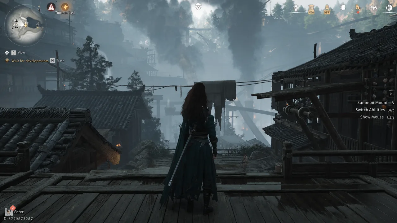 Player on a rooftop in Mirkvale with the Enter interaction prompt on screen