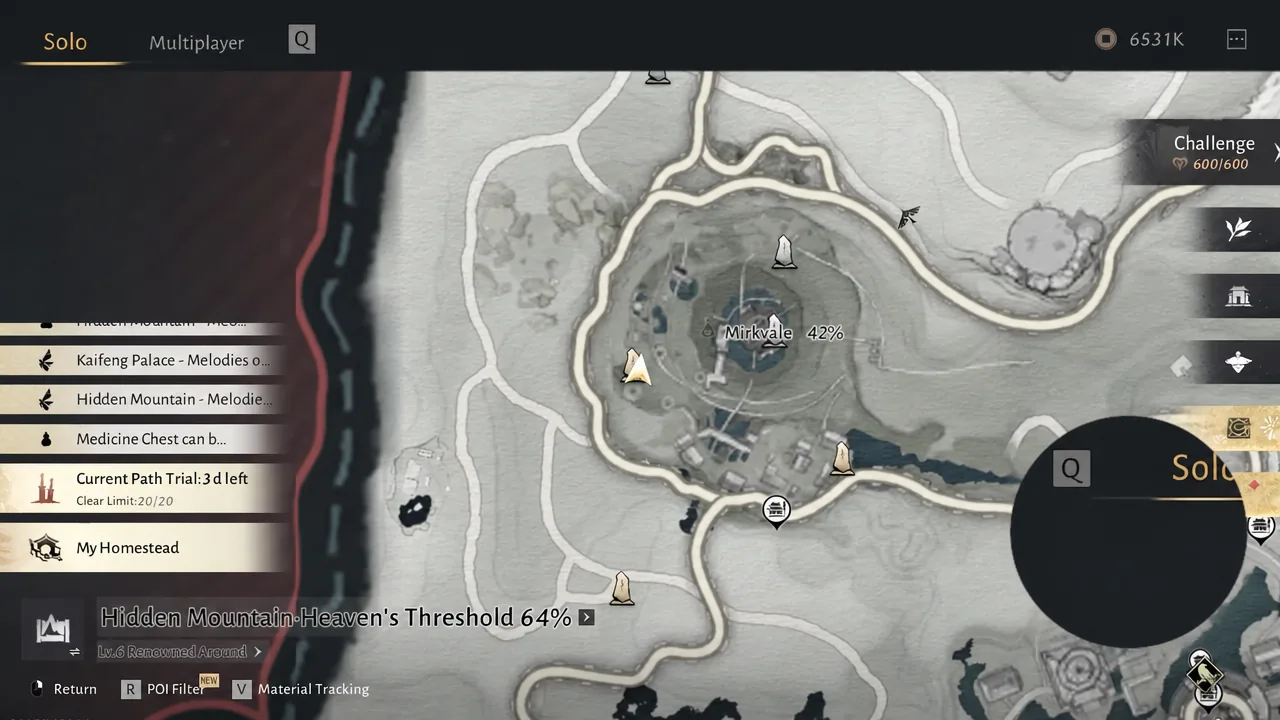 Solo map with Hidden Mountain·Heaven’s Threshold selected showing 64% exploration progress