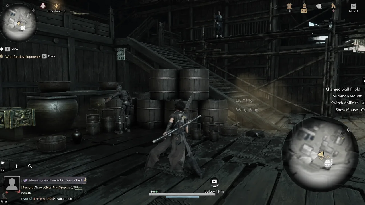 Gameplay screen with a Wait for developments objective and an N Track prompt inside a wooden outpost