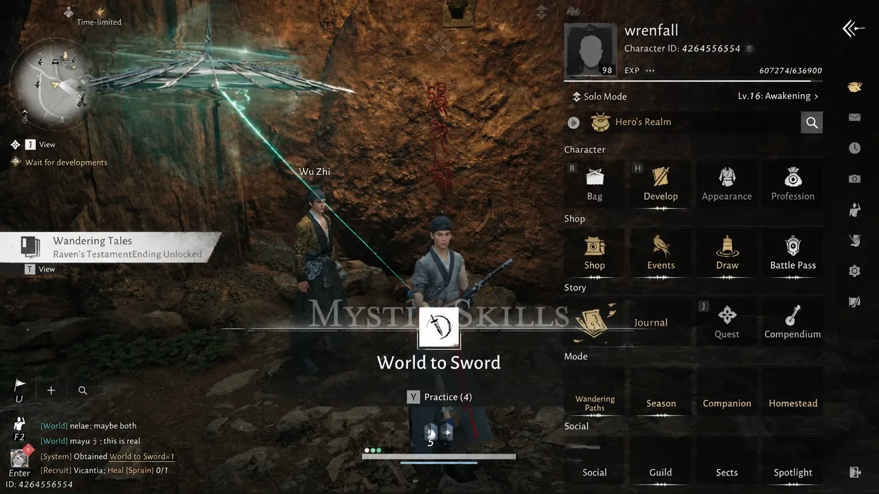 Character menu on the Develop tab with the World to Sword Mystic Skill practice prompt open