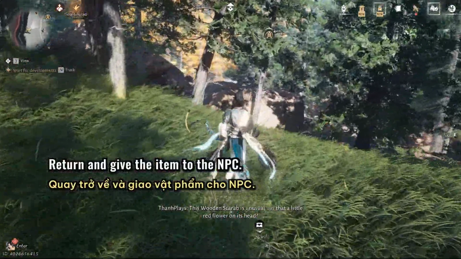 Player walking back through a forest under a Wait for developments objective