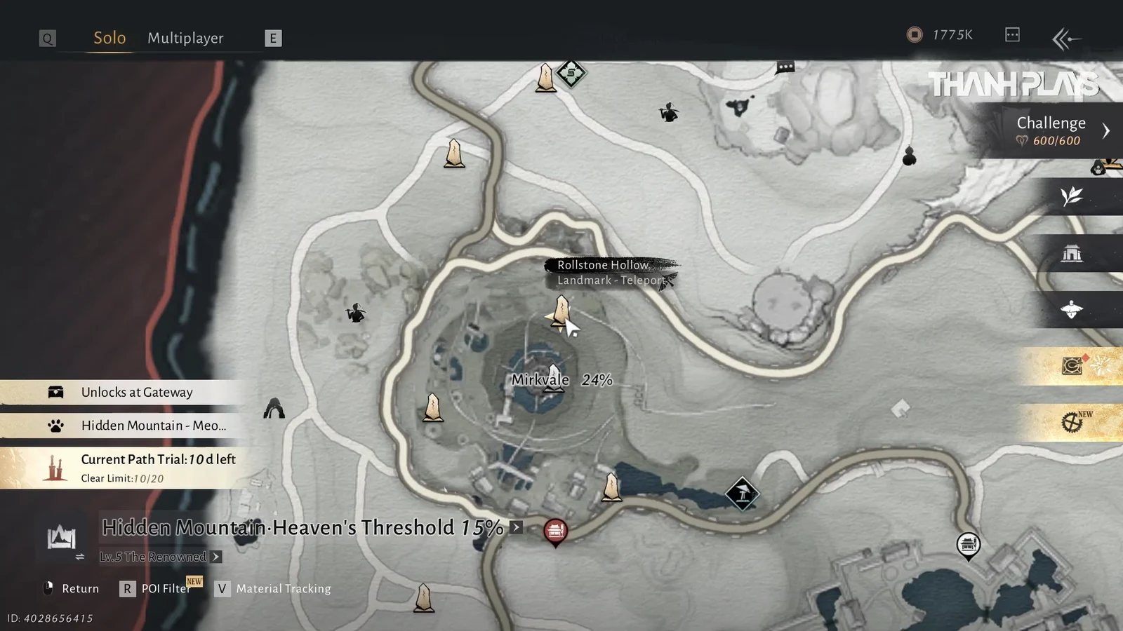 Hidden Mountain map cursor highlighting the Rollstone Hollow Landmark–Teleport