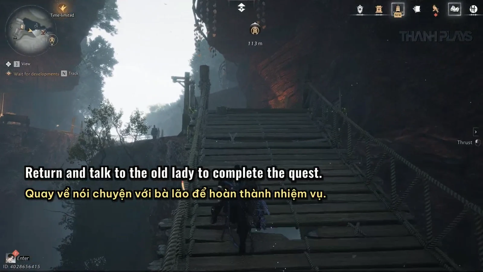 Player crossing a rope bridge with Wait for developments and a prompt to talk to the old lady